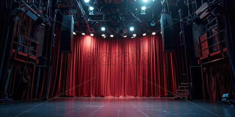 Behind the scenes of a theatre scene with curtains and lights preparing for a show - Starpik Stock