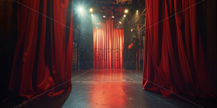 Behind the scenes of a theatre scene with curtains and lights preparing for a show - Starpik Stock