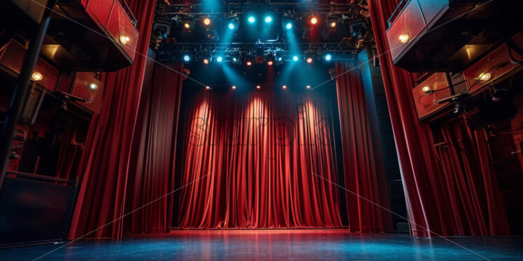 Behind the scenes of a theatre scene with curtains and lights preparing for a show - Starpik Stock