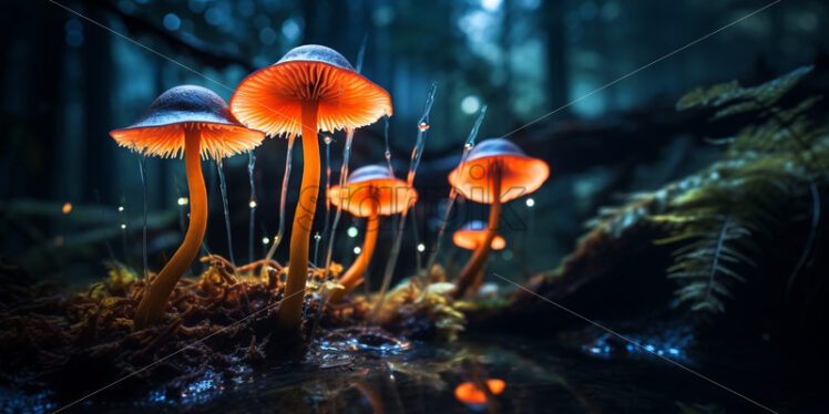 Bioluminescent mushrooms casting an enchanting glow in the mysterious depths of the jungle - Starpik Stock