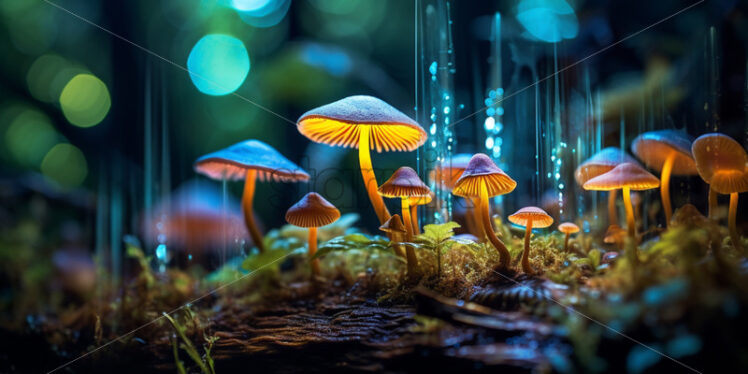 Bioluminescent mushrooms casting an enchanting glow in the mysterious depths of the jungle - Starpik Stock