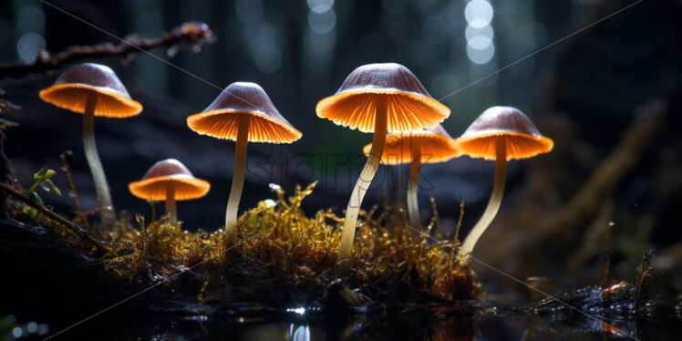 Bioluminescent mushrooms casting an enchanting glow in the mysterious depths of the jungle - Starpik Stock