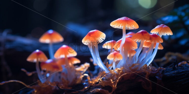 Bioluminescent mushrooms casting an enchanting glow in the mysterious depths of the jungle - Starpik Stock