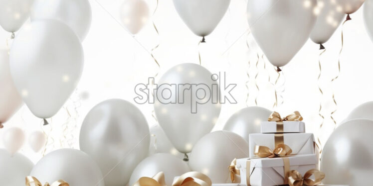 Birthday balloons with white gift boxes and gold ribbon. - Starpik Stock