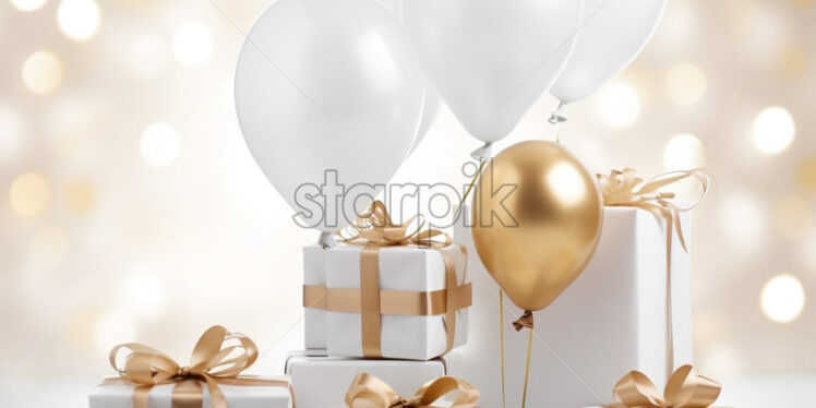 Birthday balloons with white gift boxes and gold ribbon. - Starpik Stock