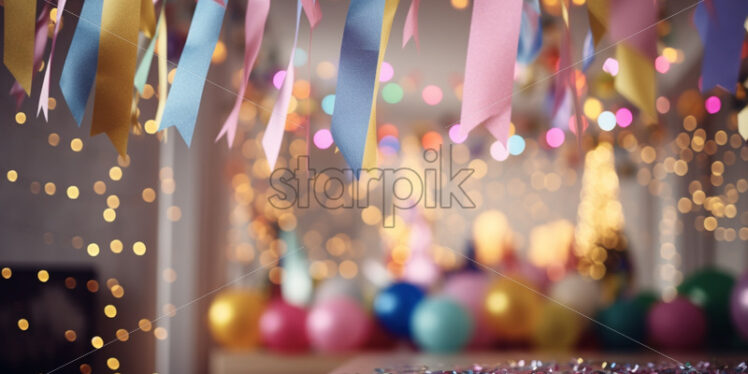 Birthday party with hanging ribbons and garland in decorated room - Starpik Stock