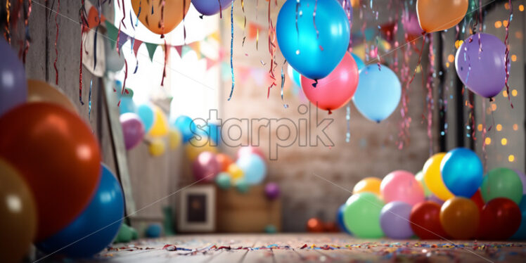 Birthday party with hanging ribbons and garland in decorated room - Starpik Stock