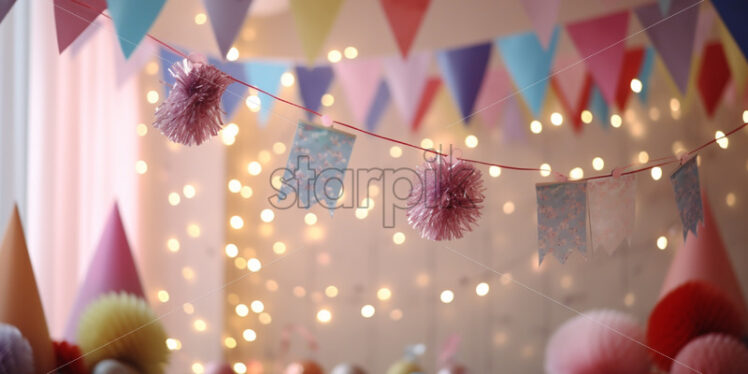 Birthday party with hanging ribbons and garland in decorated room - Starpik Stock