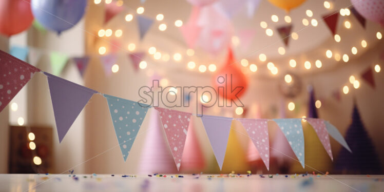 Birthday party with hanging ribbons and garland in decorated room - Starpik Stock