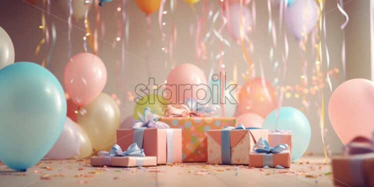 Birthday party with hanging ribbons and garland in decorated room - Starpik Stock