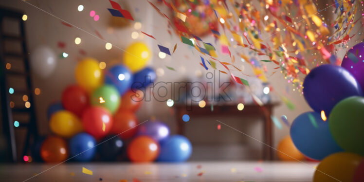 Birthday party with hanging ribbons and garland in decorated room - Starpik Stock