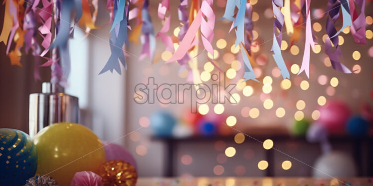 Birthday party with hanging ribbons and garland in decorated room - Starpik Stock