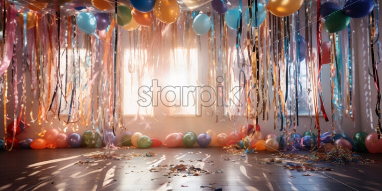 Birthday party with hanging ribbons and garland in decorated room - Starpik Stock