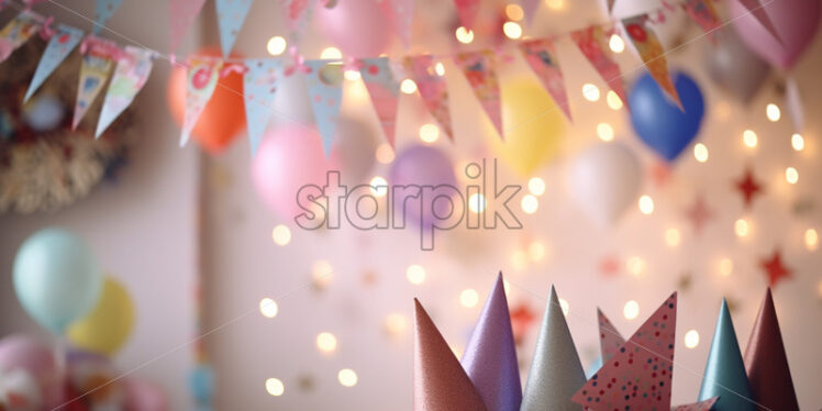 Birthday party with hanging ribbons and garland in decorated room - Starpik Stock