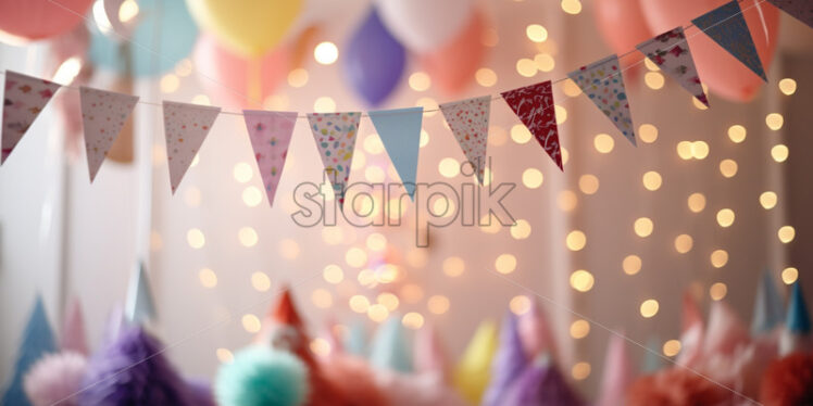 Birthday party with hanging ribbons and garland in decorated room - Starpik Stock