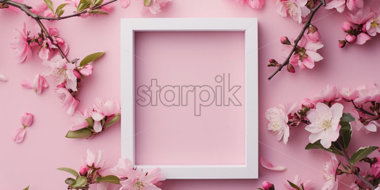 Blank frame with delicate spring flowers mockup - Starpik Stock