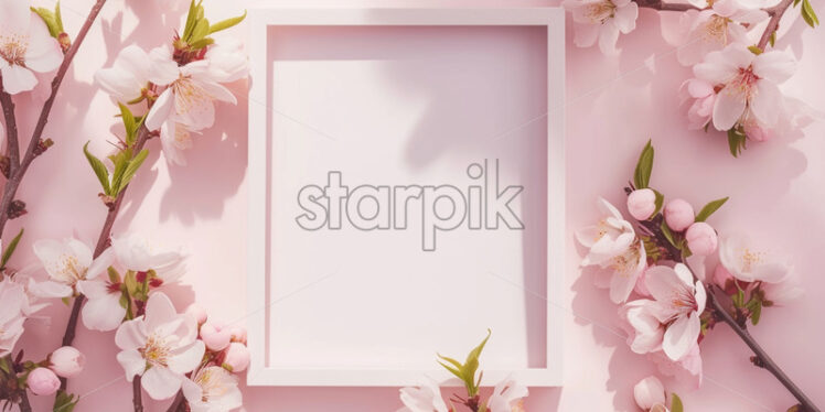 Blank frame with delicate spring flowers mockup - Starpik Stock