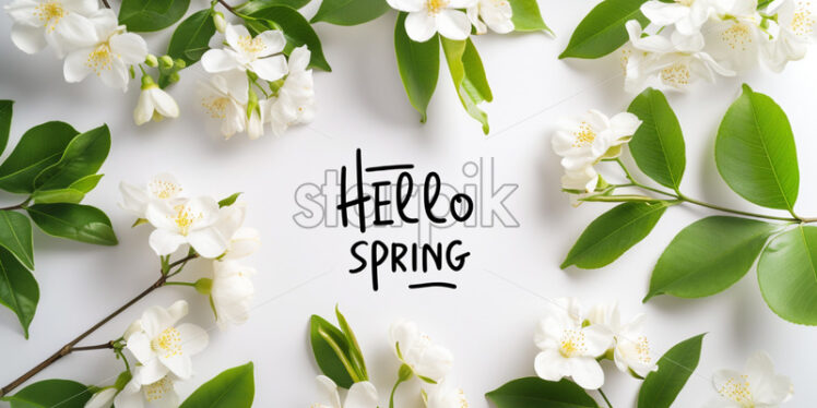 Blank frame with text "HELLO SPRING" with jasmine flowers  - Starpik Stock