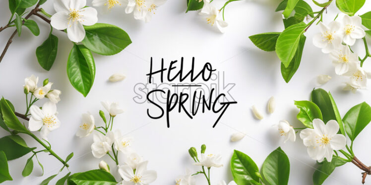 Blank frame with text "HELLO SPRING" with jasmine flowers  - Starpik Stock