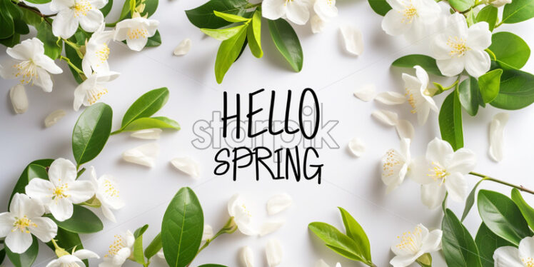 Blank frame with text "HELLO SPRING" with jasmine flowers  - Starpik Stock