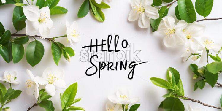 Blank frame with text "HELLO SPRING" with jasmine flowers  - Starpik Stock