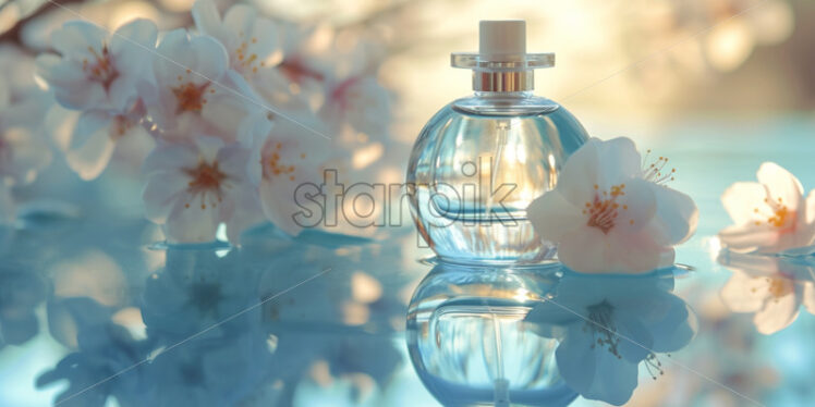 Blank perfume bottle, fresh water, spring vibes on background - Starpik Stock