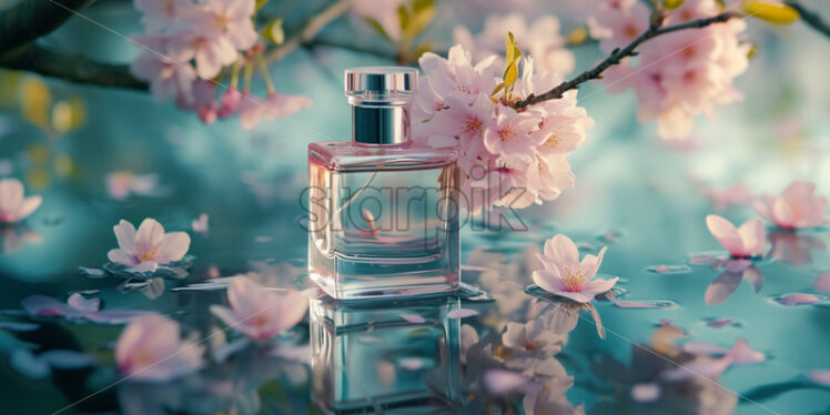 Blank perfume bottle, fresh water, spring vibes on background - Starpik Stock