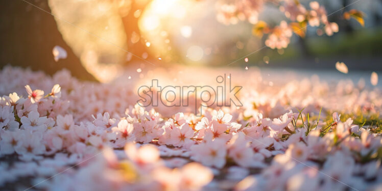 Blossoming cherry trees and their delicate petals scattered on the ground - Starpik Stock