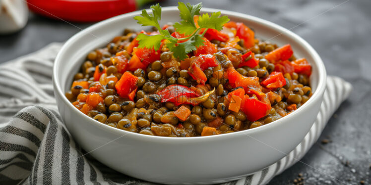 Bowl of  Filipino Ginisang Munggo (Sauteed Mung Bean Soup) presented on a checkered tablecloth, capturing the essence of homely warmth - Starpik Stock