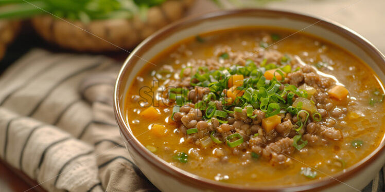 Bowl of Filipino Ginisang Munggo (Sauteed Mung Bean Soup) served on a ceramic bowl, carefully placed on a wooden table, inviting with its rich and comforting aroma - Starpik Stock