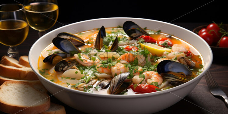 Bowl of delicious seafood soup with wine - Starpik Stock