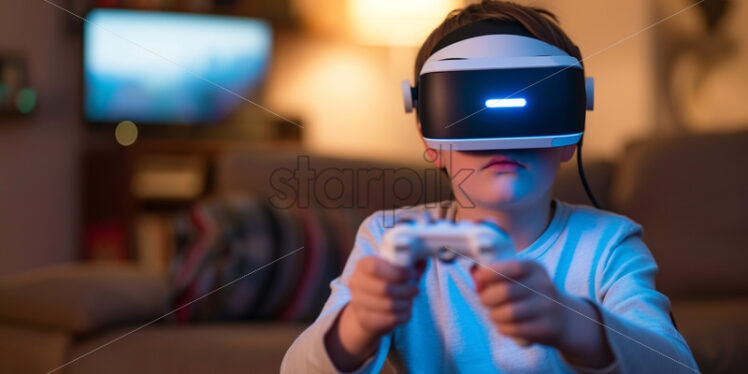 Boy in VR glasses playing game - Starpik Stock