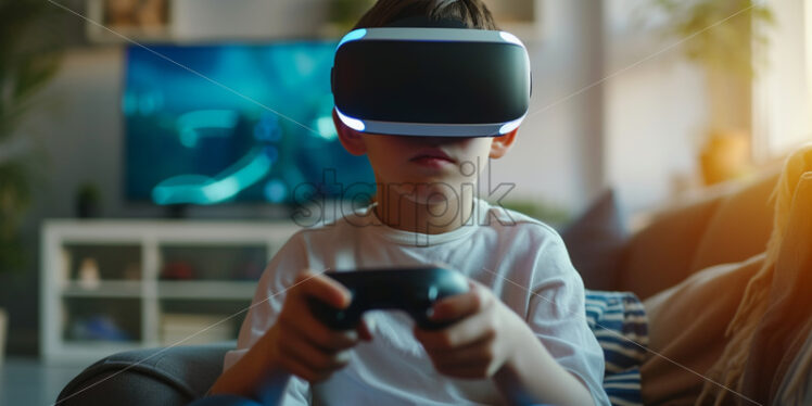 Boy in VR glasses playing game - Starpik Stock