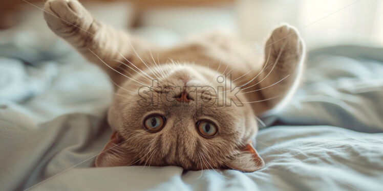 British beige cat laying on the bed - Starpik Stock