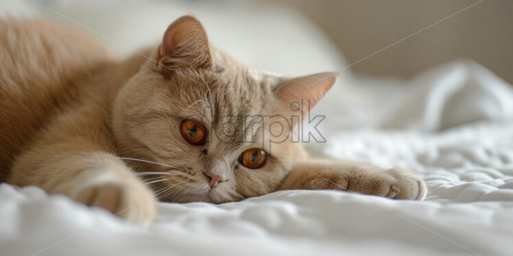 British beige cat laying on the bed - Starpik Stock