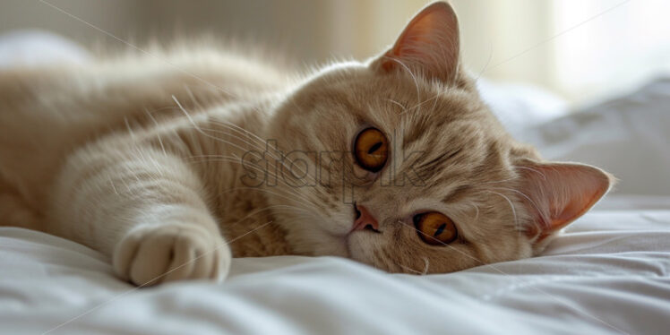 British beige cat laying on the bed - Starpik Stock