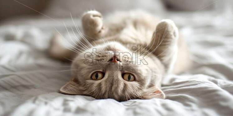 British beige cat laying on the bed - Starpik Stock