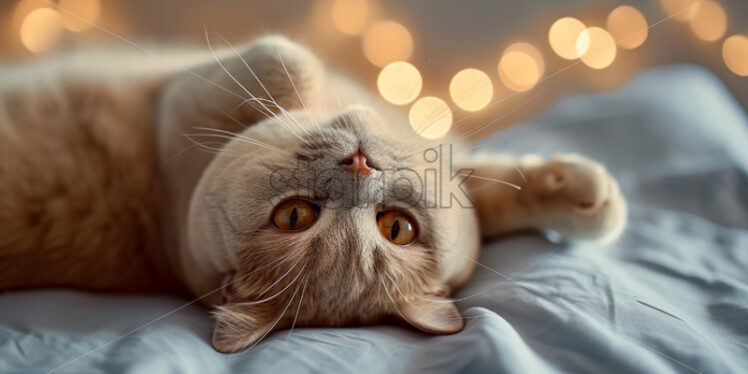 British beige cat laying on the bed - Starpik Stock