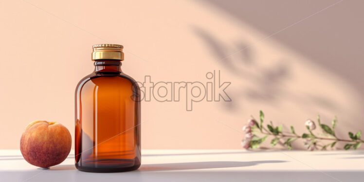 Brown glass bottle with gold lid standing on white table - Starpik Stock