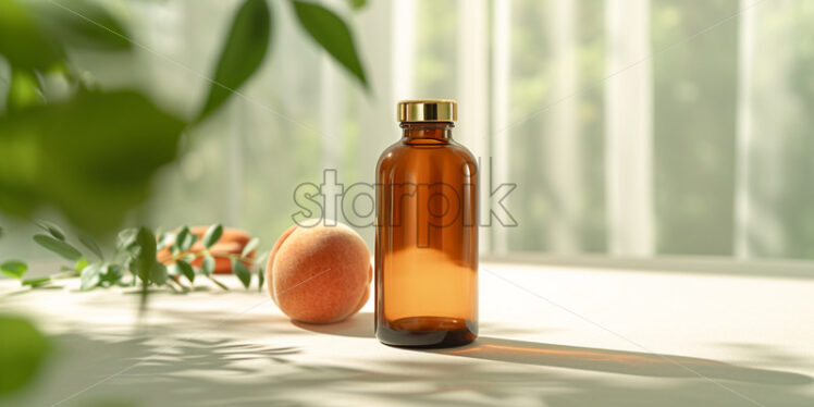 Brown glass bottle with gold lid standing on white table - Starpik Stock