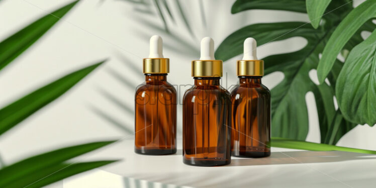 Brown glass bottles with gold lid, standing on table with tropical leaf - Starpik Stock