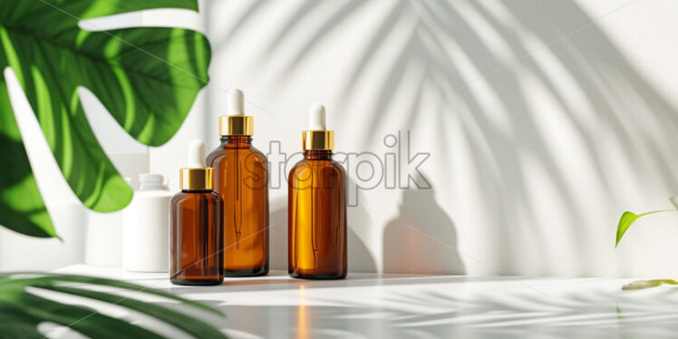 Brown glass bottles with gold lid, standing on table with tropical leaf - Starpik Stock