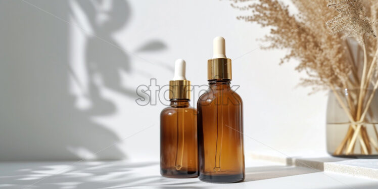 Brown glass bottles with gold lids standing on a white table - Starpik Stock