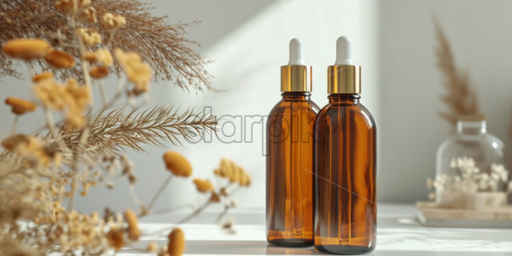 Brown glass bottles with gold lids standing on a white table - Starpik Stock