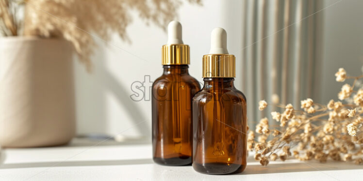 Brown glass bottles with gold lids standing on a white table - Starpik Stock