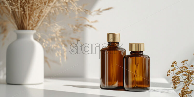 Brown glass bottles with gold lids standing on a white table - Starpik Stock