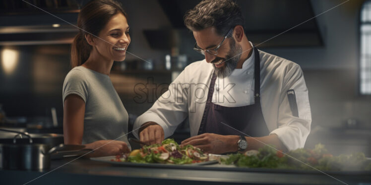 Chef man and sous chef woman collaborate to prepare a special meal - Starpik Stock