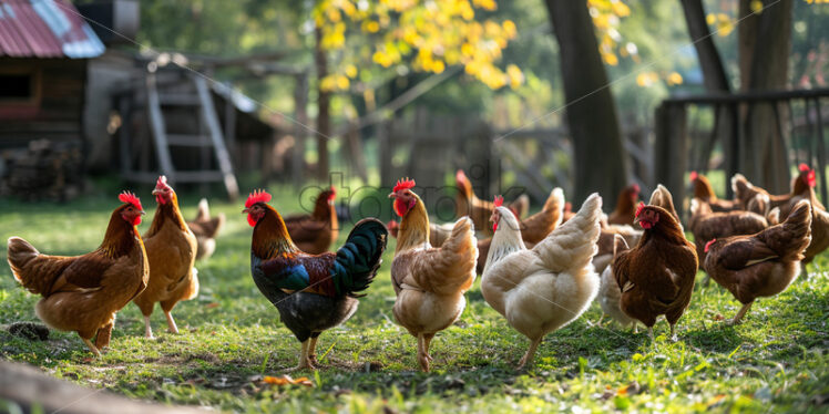 Chickens of different colors at a company in the village - Starpik Stock