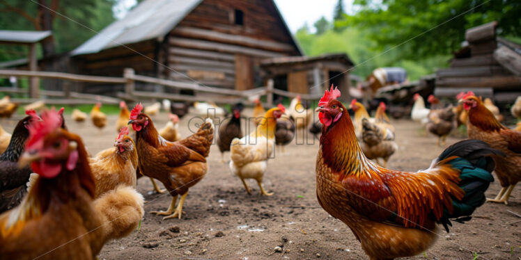 Chickens of different colors at a company in the village - Starpik Stock