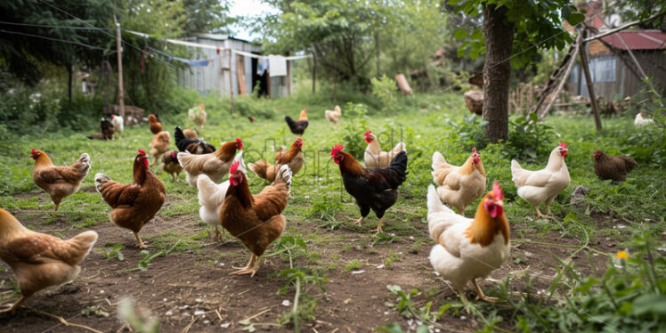 Chickens of different colors at a company in the village - Starpik Stock